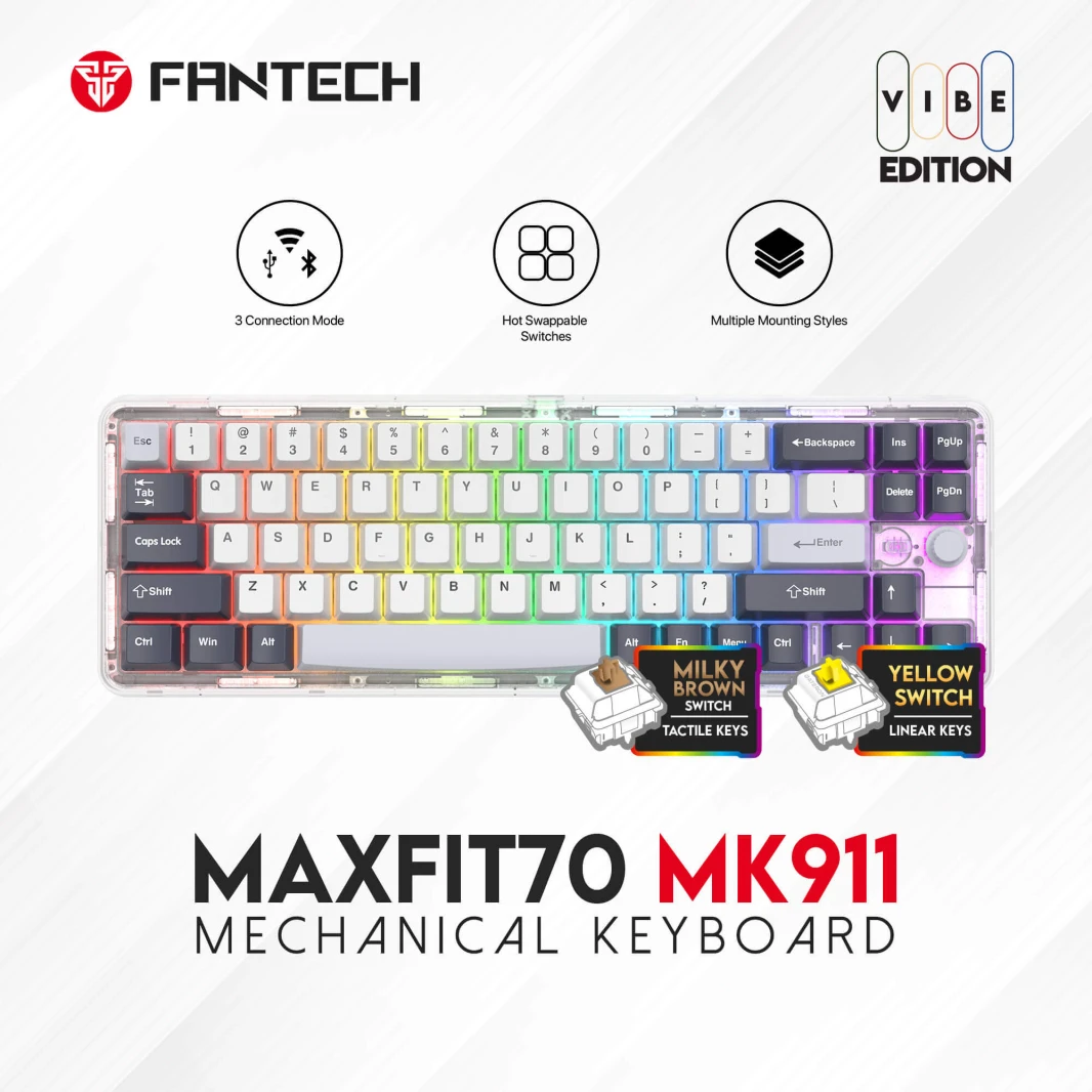 FANTECH MAXFIT70 MK911 WIRELESS 65% MECHANICAL GAMING KEYBOARD TRI-MODE CONNECTION - Double-Shot PBT - EPIC GREYSCALE