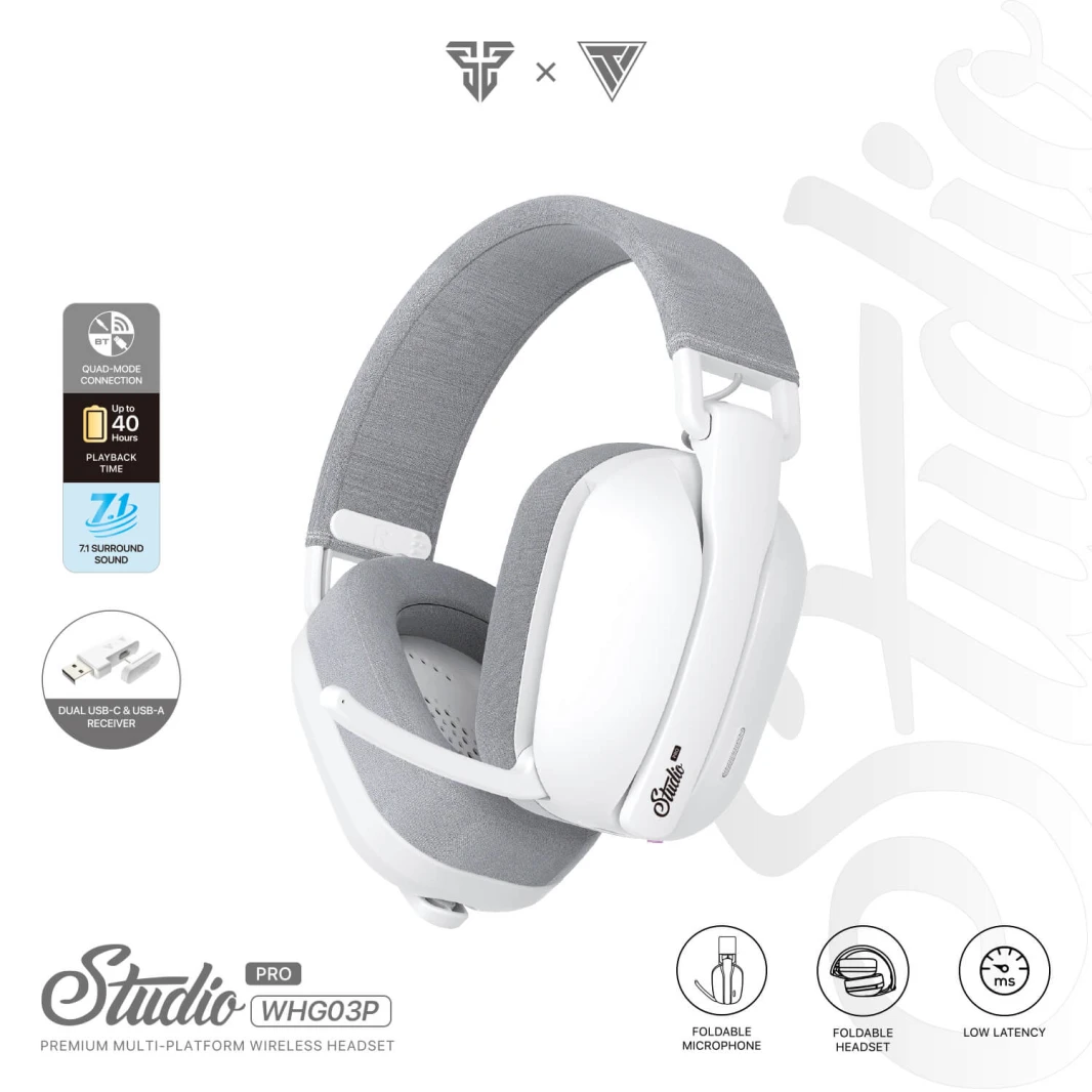 FANTECH STUDIO PRO WHG03 7.1 SURROUND SOUND BLUETOOTH & WIRELESS GAMING HEADSET - WHITE WITH USB DONGLE FOR PHONE USAGE