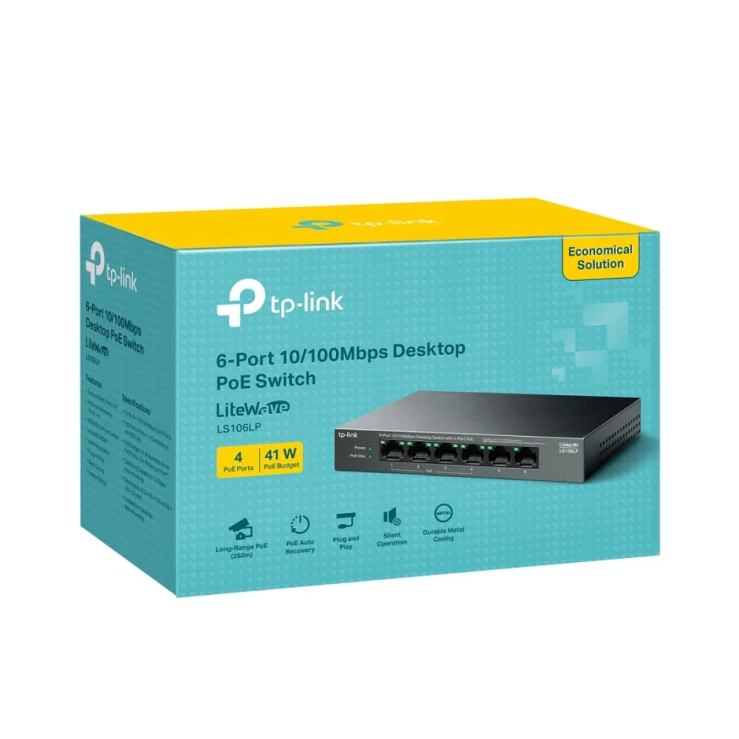 TP-Link LS106LP مفتاح سطح المكتب 6 منافذ 10/100 ميجابت في الثانية مع 4 منافذ PoE