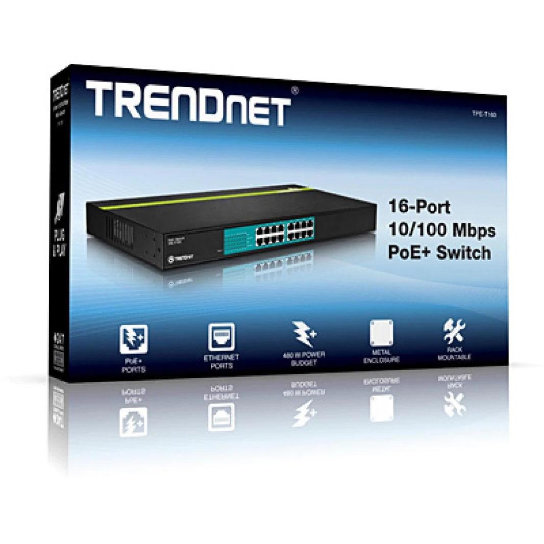 Trendnet - محول PoE عالي الطاقة 16 منفذ 10/100 ميجابايت في الثانية (480 وات)