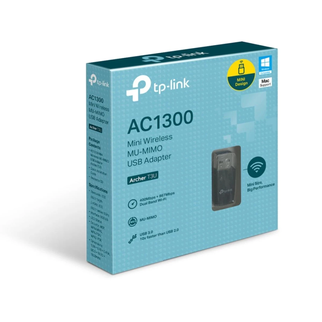 محول لاسلكي TP-Link Archer T3U AC1300 USB 3.0 Mini ثنائي النطاق 5 جيجاهرتز