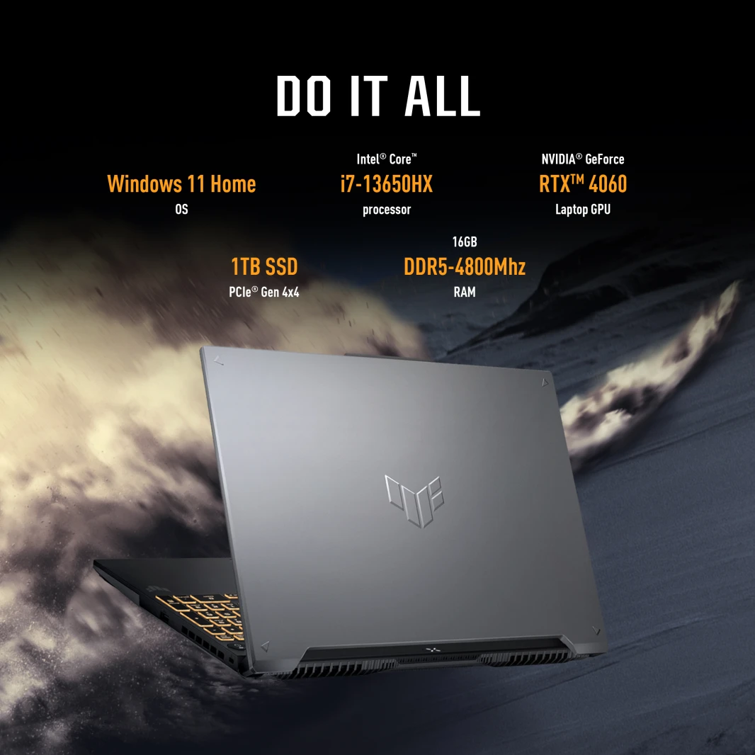 ASUS TUF Gaming F16 – i7-13650HX – RTX 4060 – 16 بوصة – 16 جيجابايت DDR5 – 1 تيرابايت SSD – Windows 11 – FX607JV-I71T16