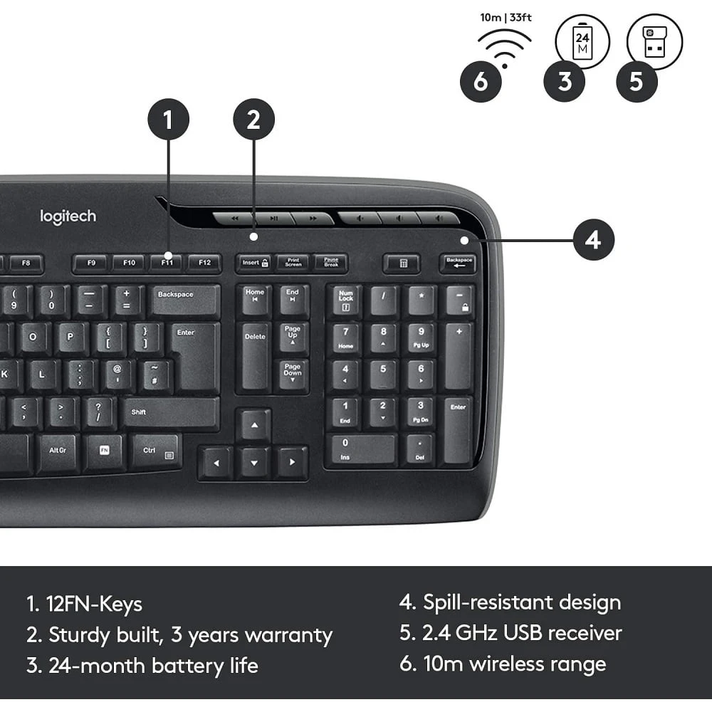 مجموعة لوحة المفاتيح والماوس اللاسلكية Logitech MK330 RF Qwerty باللون الأسود