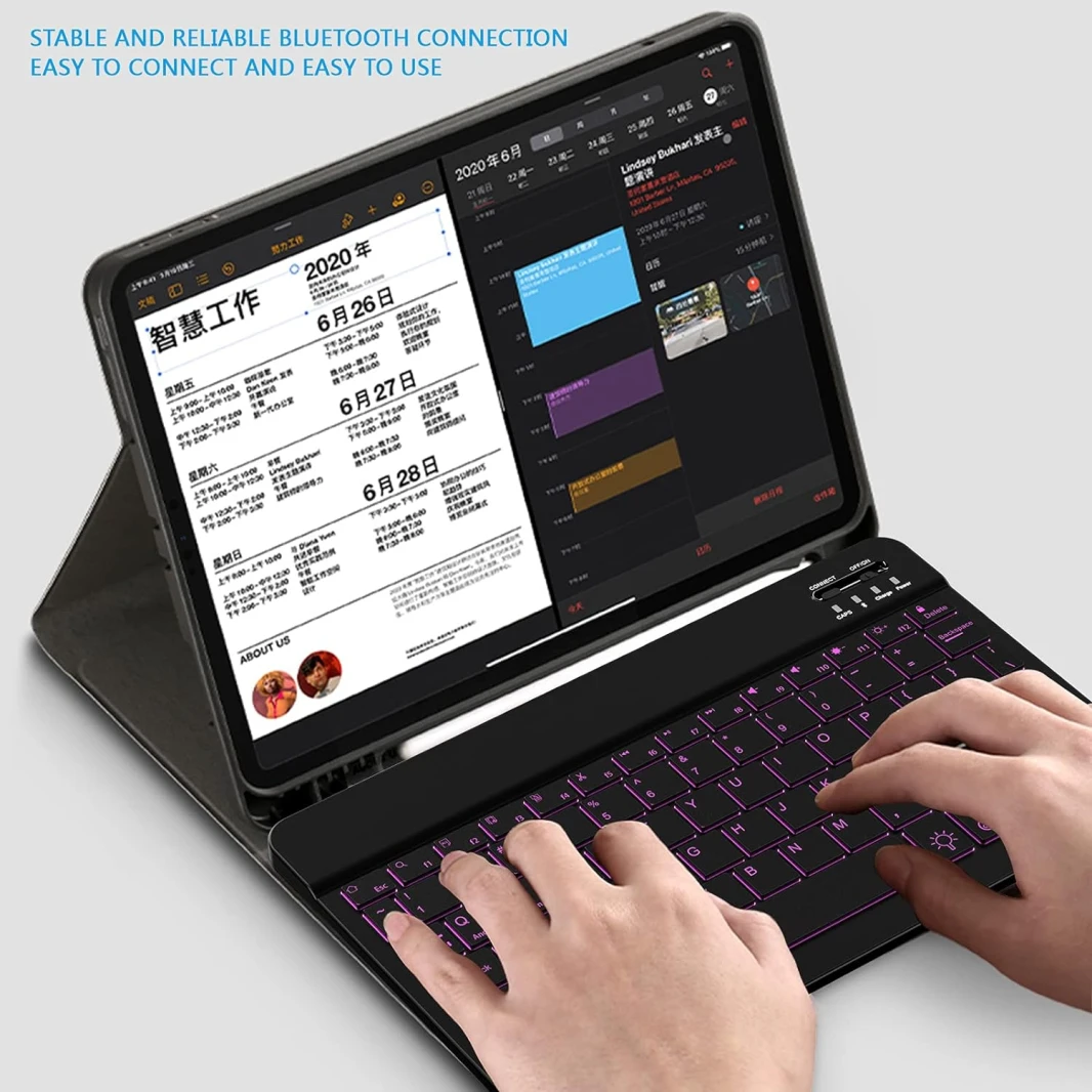 لوحة مفاتيح بلوتوث لاسلكية بإضاءة خلفية لأجهزة iPad وأجهزة Android اللوحية وأجهزة Windows - تدعم التصميم باللغة العربية / الإنجليزية