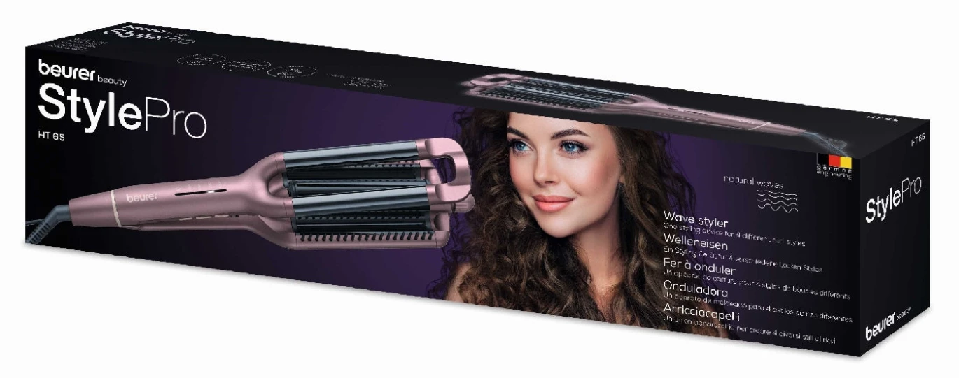 مكواة تجعيد الشعر Beurer Wave Styler باللون الوردي بقوة 320-410 وات، أداة سيراميك 4 في 1 تعمل على ثلاث مكواة تجعيد