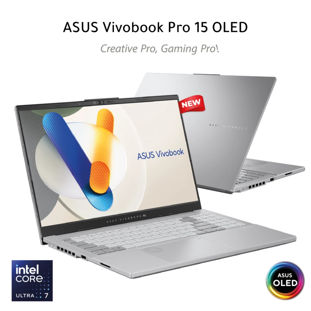 كمبيوتر محمول ASUS Vivobook Pro 15 OLED (2024)، AI Ready، شاشة OLED مقاس 15.6 بوصة بدقة 3K ومعدل تحديث 120 هرتز، معالج Intel Core Ultra 7 155H، بطاقة رسومات NVIDIA GeForce RTX™ 4050، سعة 1 تيرابايت SSD، فضي رائع