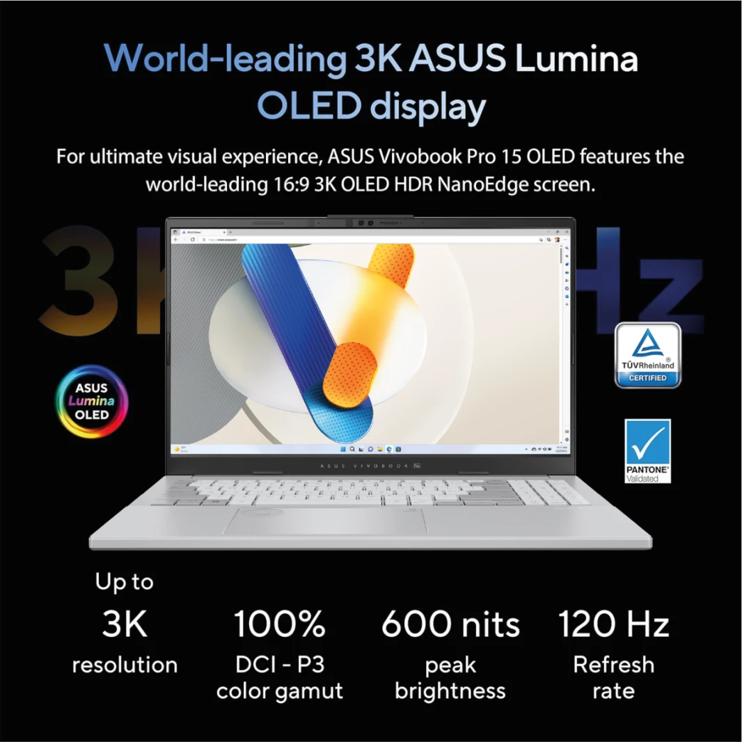 كمبيوتر محمول ASUS Vivobook Pro 15 OLED (2024)، AI Ready، شاشة OLED مقاس 15.6 بوصة بدقة 3K ومعدل تحديث 120 هرتز، معالج Intel Core Ultra 7 155H، بطاقة رسومات NVIDIA GeForce RTX™ 4050، سعة 1 تيرابايت SSD، فضي رائع