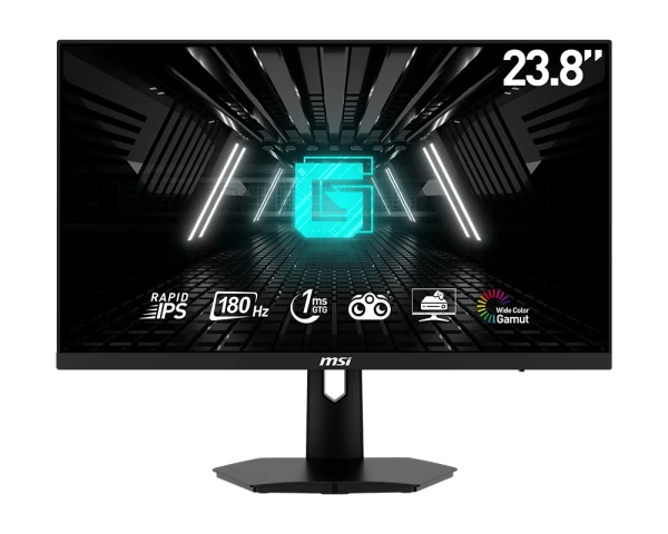 شاشة ألعاب MSI G244F مسطحة، 23.8 بوصة، 1920 × 1080 FHD، 180 هرتز، 1 مللي ثانية IPS FreeSync Premium، قابلة للتعديل، سطوع 300، أسود