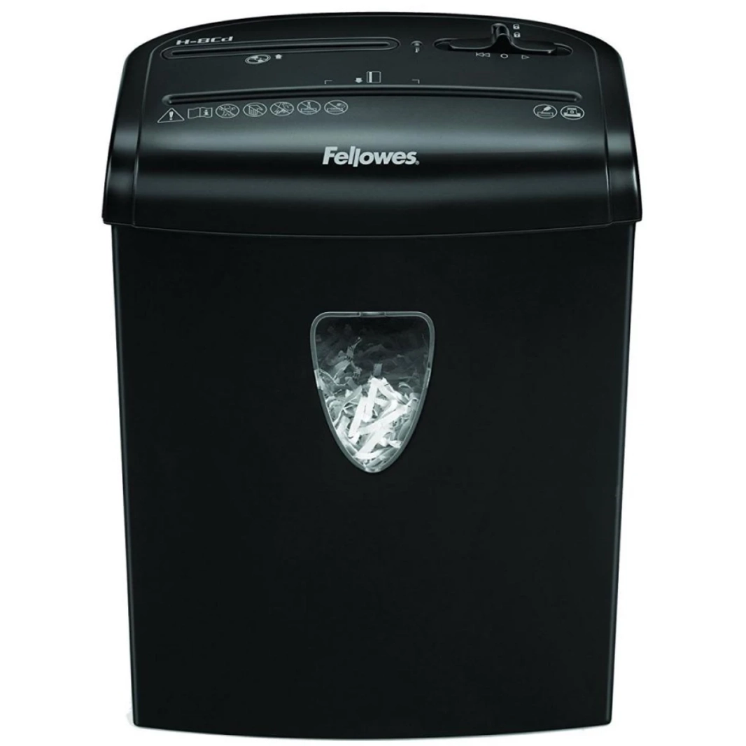 آلة تقطيع الورق Fellowes Powershred H-8CD ذات القطع المتقاطع المكونة من 8 أوراق مزودة بقفل أمان حاصل على براءة اختراع يعطل آلات التقطيع لمزيد من الحماية والأمان، وتقطع 8 أوراق في كل تمريرة إلى جزيئات مقطوعة متقاطعة بحجم 5/32 بوصة × 1 3/8 بوصة آمنة