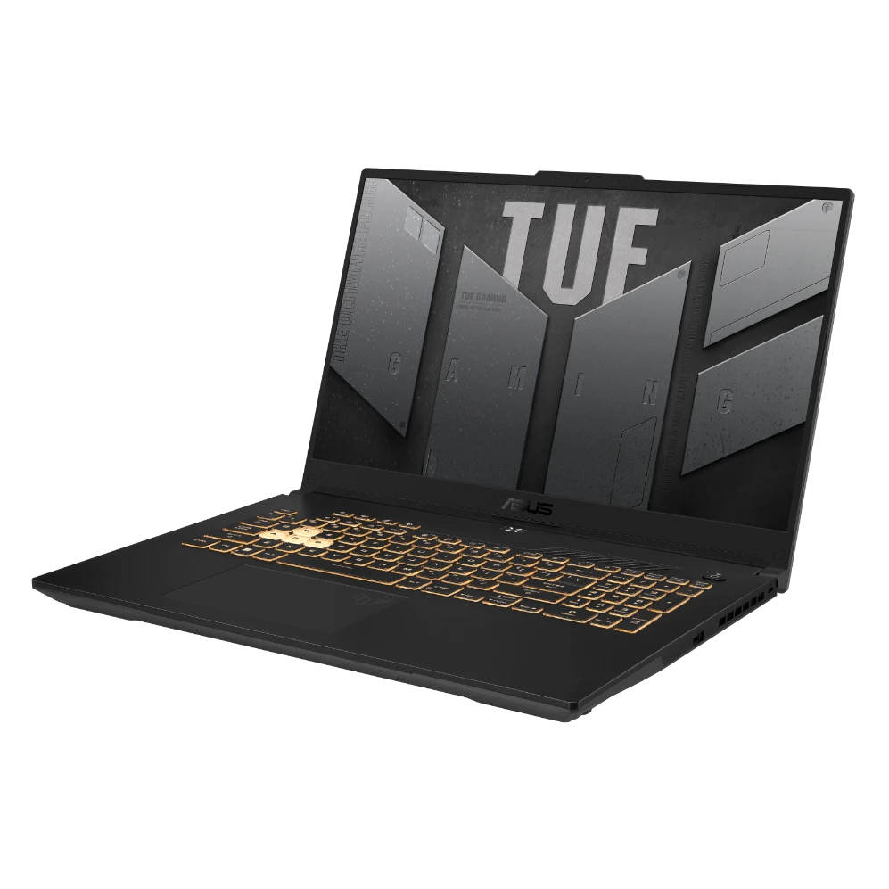 كمبيوتر محمول Asus TUF Gaming F17 FX707ZC4 Intel® 12Th Gen Core™ I7-12700H، ذاكرة وصول عشوائي DDR4 سعة 16 جيجابايت، محرك أقراص SSD NVMe® سعة 512 جيجابايت، بطاقة رسومات Nvidia® Geforce™ RTX 3050 سعة 4 جيجابايت GDDR6، شاشة 17.3 بوصة IPS-Level بدقة 1920 × 1080 (FHD) بمعدل تحديث 144 هرتز ومدة انتظار 30 مللي ثانية، نظام التشغيل Windows 11 Home