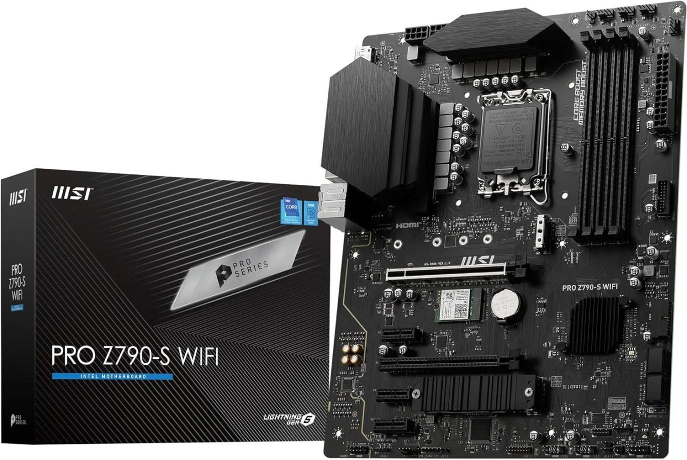 لوحة أم MSI PRO Z790-S WiFi ProSeries (تدعم معالجات Intel من الجيل الثاني عشر والثالث عشر والرابع عشر، LGA 1700، DDR5، PCIe 5.0، M.2، 2.5Gbps LAN، USB 3.2 Gen2، HDMI/DP، Wi-Fi 6E، Bluetooth 5.3، ATX)