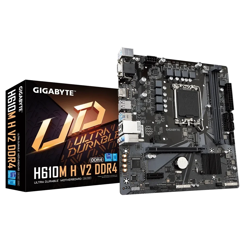 GIGABYTE H610 H V2 DDR4 Intel® H610 LGA 1700 (الجيل الرابع عشر والثالث عشر والثاني عشر)، لوحة أم mATX، 6 + 1 + 1 Phases Hybrid Digital VRM، PCI-E 4.0، Gb LAN، 2 RAM DIMMS، 1 فتحة M.2