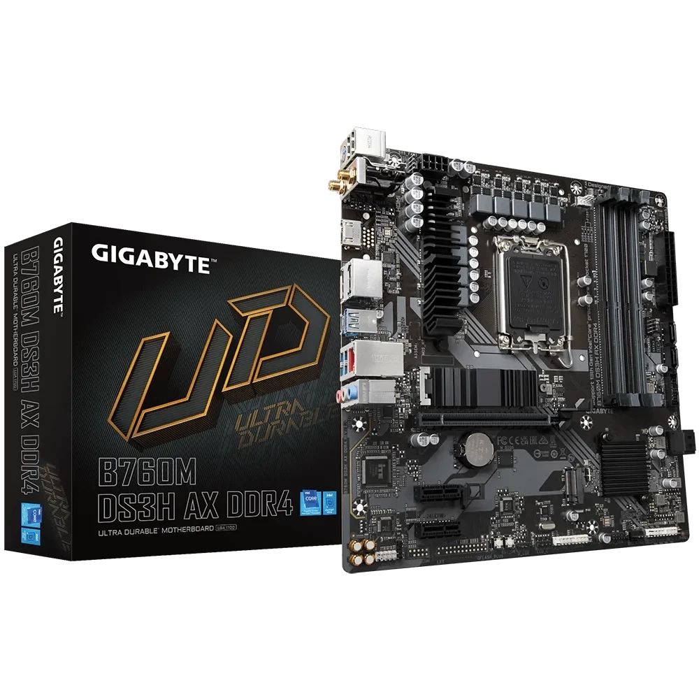 GIGABYTE B760M DS3H AX DDR4 Intel® B760 LGA 1700 (الجيل الرابع عشر والثالث عشر والثاني عشر)، لوحة أم mATX، 6 + 2 + 1 Phases Hybrid Digital VRM، PCI-E 4.0، Wi-Fi 6E Ready، 2.5Gb LAN، 4 RAM DIMMS، 2 M.2 Slots