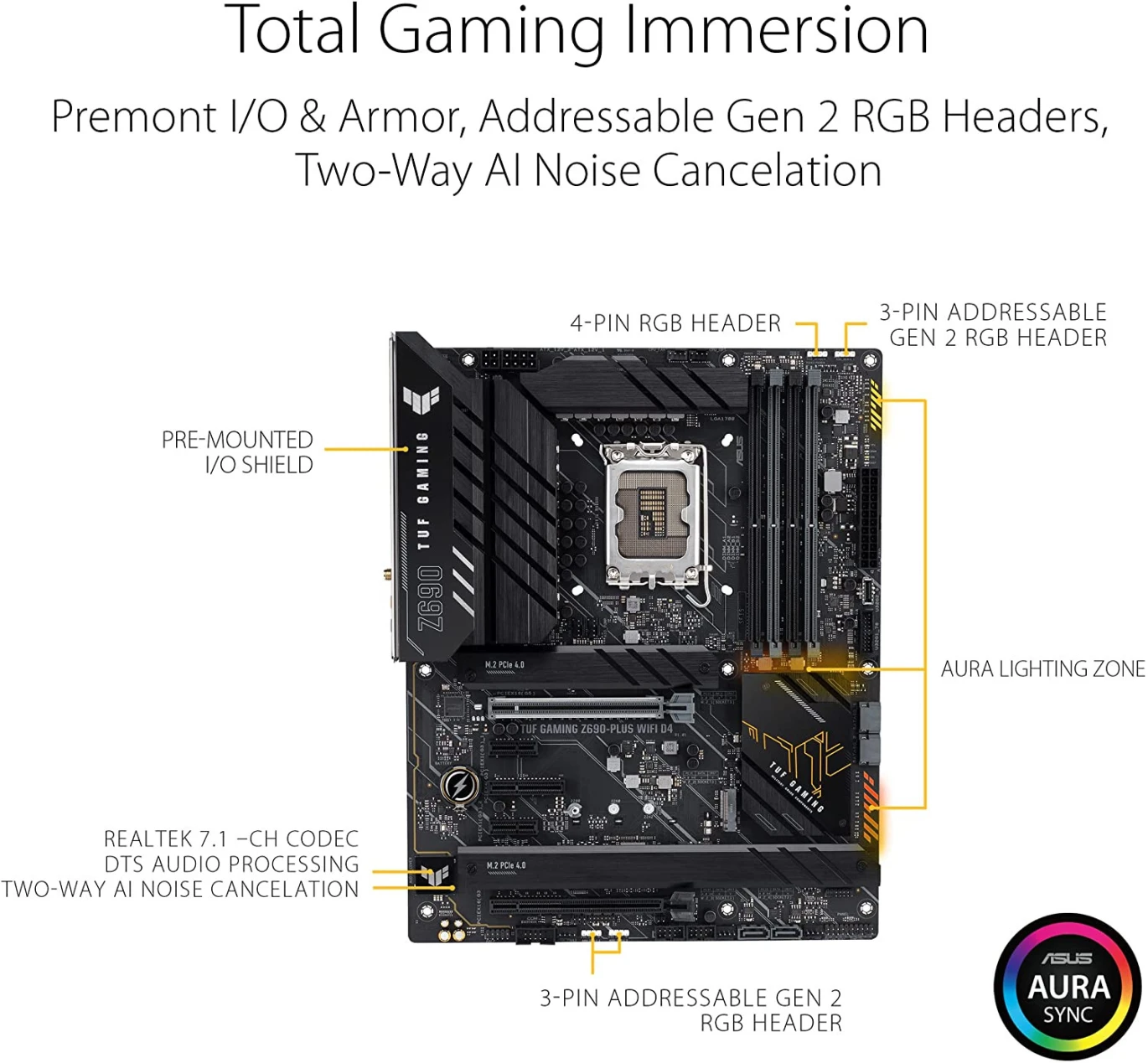 لوحة أم للألعاب Asus TUF GAMING Z690-Plus D4 Intel® Z690 LGA 1700 (Intel® الجيل الثاني عشر) ATX، 15 مرحلة طاقة DrMOS، PCIe® 5.0، ذاكرة DDR4، أربع فتحات M.2، Wi-Fi 6 وIntel® 2.5 Gb Ethernet، HDMI®، DP