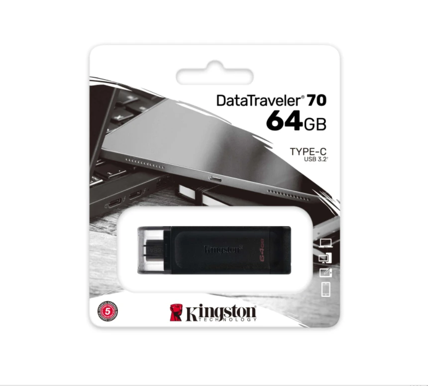 محرك أقراص فلاش Kingston DataTraveler 70 بسعة 64 جيجابايت بمنفذ USB-C 3.2 من الجيل الأول