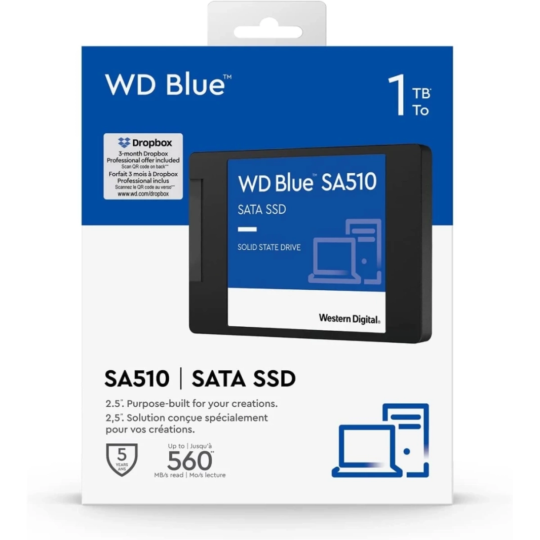 محرك أقراص الحالة الصلبة الداخلي WD Blue SA510 بسعة 1 تيرابايت SATA مقاس 2.5 بوصة/7 مم بسرعة تصل إلى 560 ميجابايت/ثانية