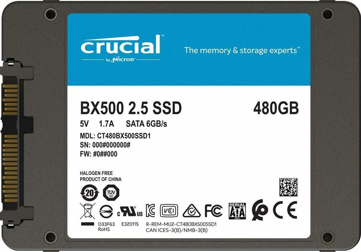 محرك أقراص الحالة الصلبة الداخلي Crucial BX500 SSD بسعة 480 جيجابايت - SATA III 6 جيجابايت/ثانية، 2.5 بوصة/7 مم، حتى 540 ميجابايت/ثانية