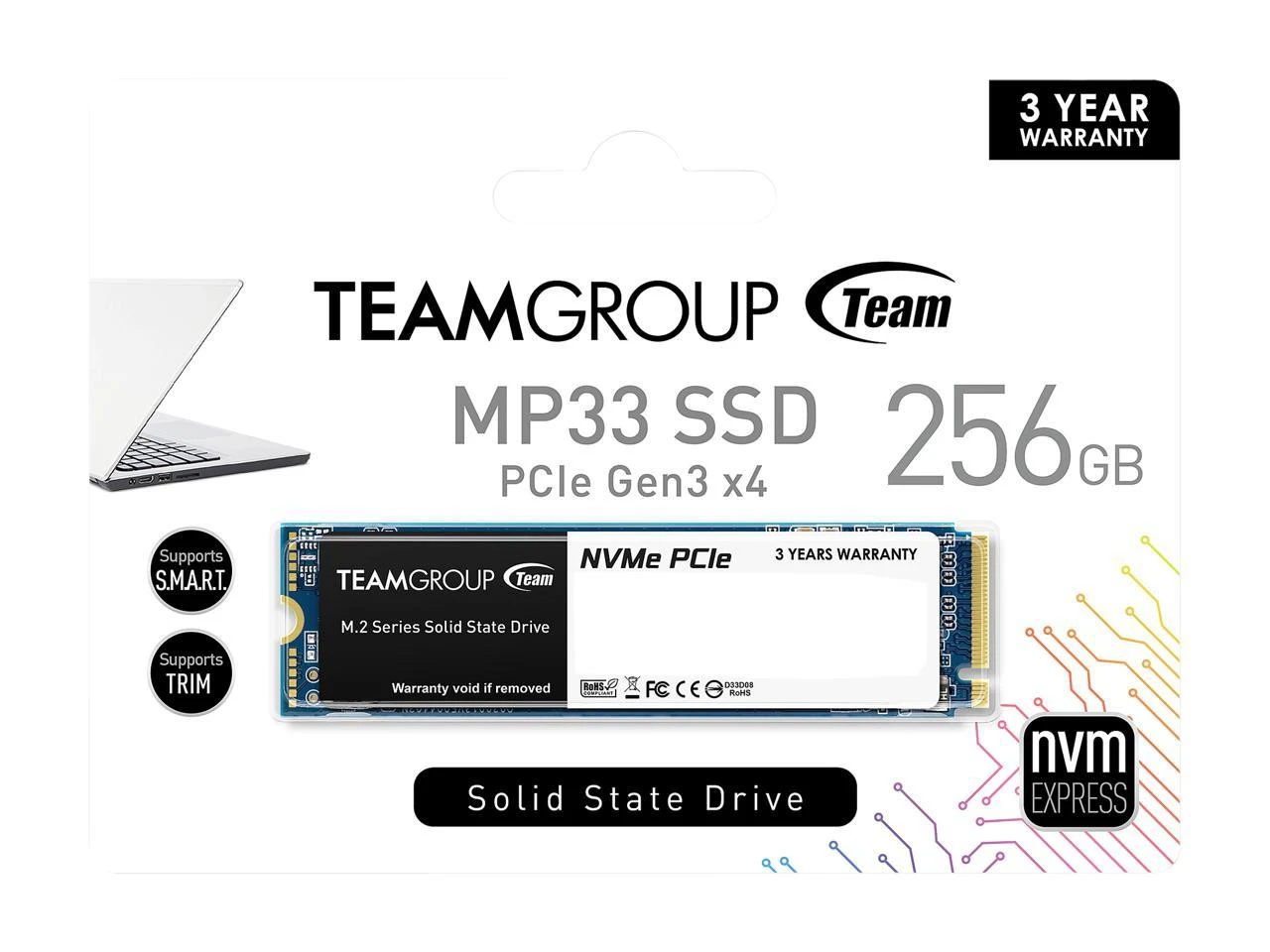 Team Group 256GB MP33 NVMe® SSD - PCIe Gen3 x4 8 GB/s، M.2 2280، 3D NAND، حتى 1800 ميجابايت/ثانية