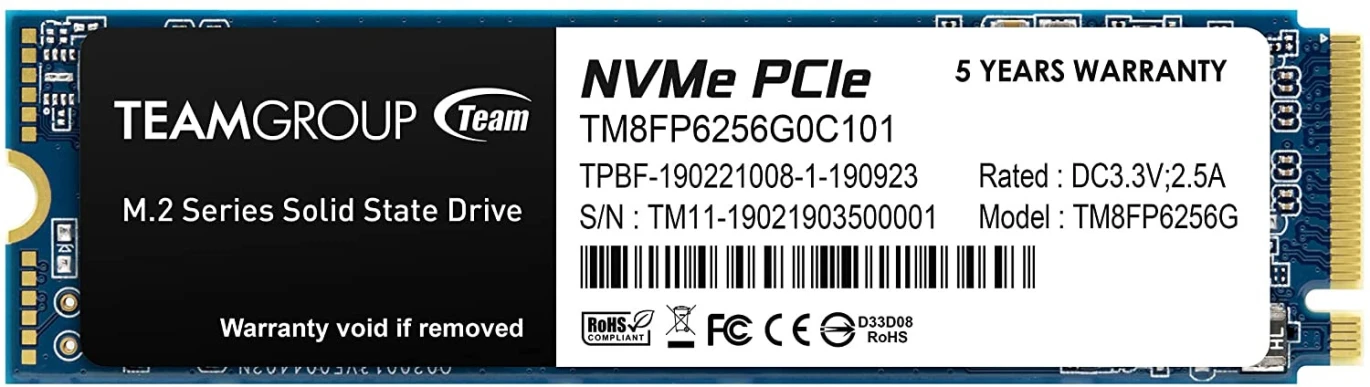 Team Group 256GB MP33 NVMe® SSD - PCIe Gen3 x4 8 GB/s، M.2 2280، 3D NAND، حتى 1800 ميجابايت/ثانية