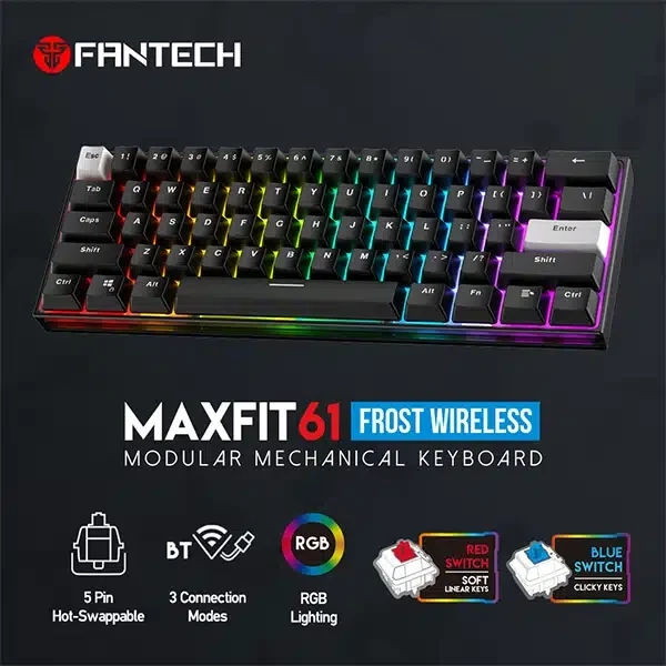 لوحة مفاتيح ميكانيكية لاسلكية FANTECH MAXFIT61 FROST MK857 RGB - 3 أوضاع اتصال