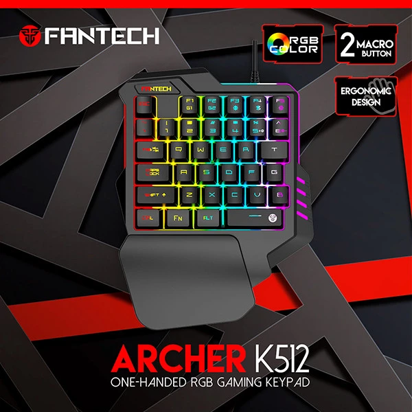 لوحة مفاتيح الألعاب Fantech Archer k512 RGB بيد واحدة، 35 مفتاحًا إجماليًا، وضعان لإضاءة RGB - أسود