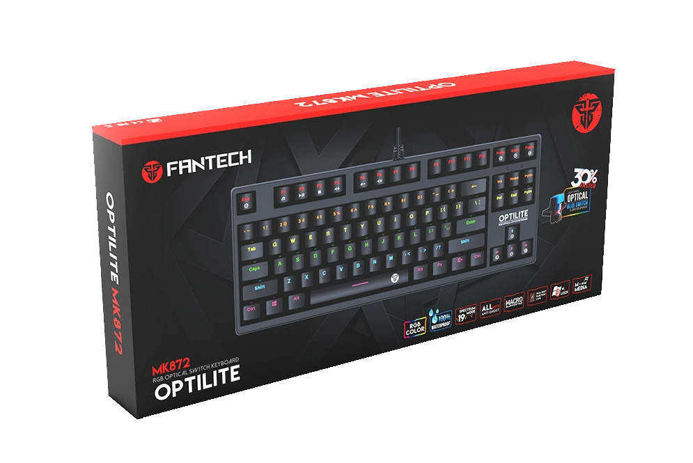 لوحة مفاتيح الألعاب الميكانيكية Fantech Optilite MK872 RGB مع مفتاح أزرق بصري 0.2 مللي ثانية، مقاومة للماء والغبار، 87 مفتاحًا إجماليًا، 19 وضعًا سبيكتروم - أسود