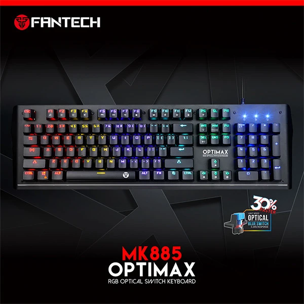 لوحة مفاتيح ميكانيكية للألعاب Fantech Optimax MK885 RGB مع مفتاح أزرق بصري 0.2 مللي ثانية، مقاومة للماء والغبار مع قاعدة من الألومنيوم - أسود