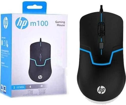 ماوس الألعاب الضوئي HP M100 مع إضاءة خلفية LED وإعدادات قابلة للتعديل بدقة 1000/1600 نقطة في البوصة و4 أزرار وعمر ضغط يصل إلى 5 ملايين نقرة - أسود