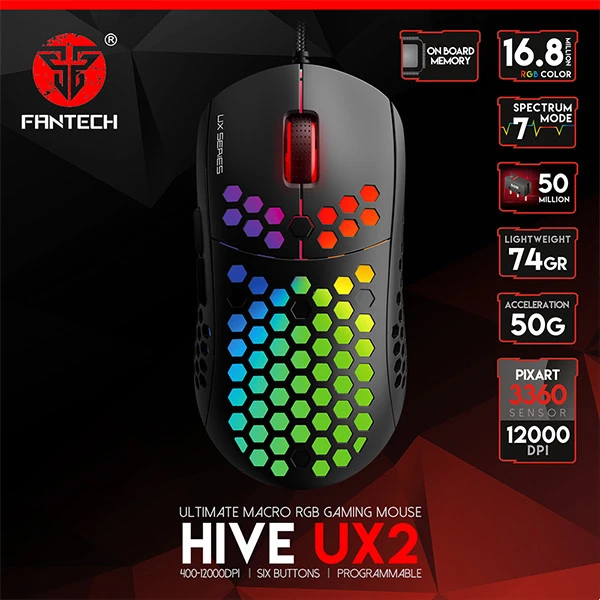 ماوس الألعاب السلكي FANTECH Hive UX2 Ultimate Macro RGB، 12000 نقطة في البوصة، 6 أزرار قابلة للبرمجة، ماوس Honeycomb فائق الخفة بدرجة احترافية، 50 جرامًا - أسود