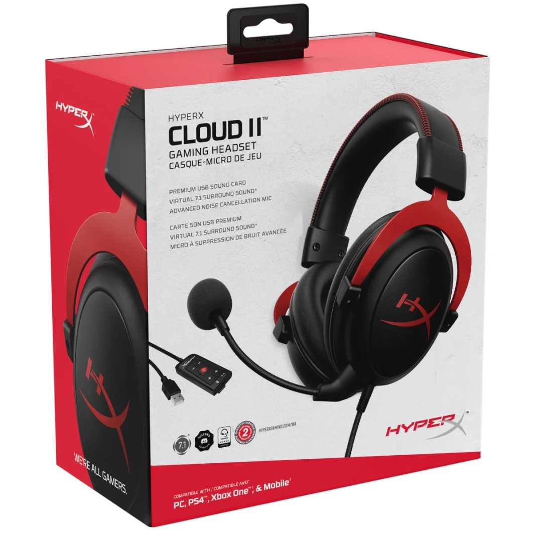 سماعة رأس HyperX Cloud II للألعاب بصوت محيطي افتراضي 7.1 لأجهزة الكمبيوتر / PS4 / Mac / الأجهزة المحمولة - بطاقة صوت USB، مشغلات 53 مم، مغناطيس نيودينيوم، ميكروفون مضاد للضوضاء وإلغاء الضوضاء