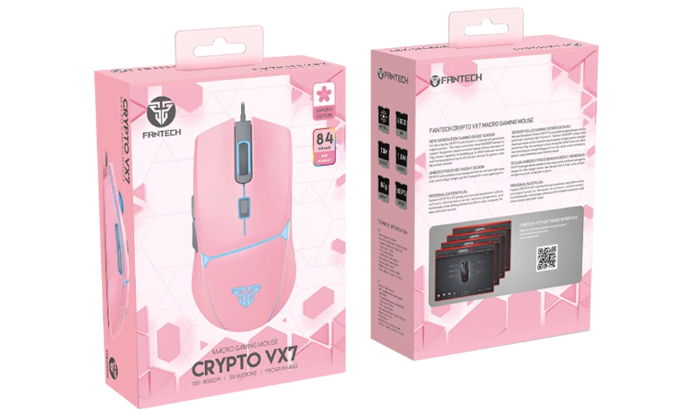 ماوس الألعاب الضوئي السلكي Fantech Crypto VX7 Sakura Edition RGB، بدقة 8000 نقطة في البوصة، و6 أزرار ماكرو، ووزن 84 جرامًا، و4 ألوان LED - وردي