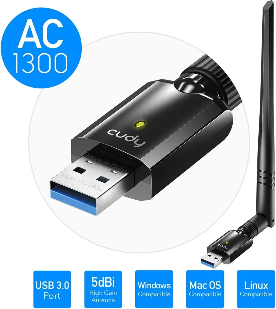 محول واي فاي مزدوج النطاق USB 3.0 من Cudy WU1400 AC بسرعة 1300 ميجابت في الثانية للكمبيوتر الشخصي، دونجل لاسلكي USB بسرعة 400 ميجابت في الثانية + 867 ميجابت في الثانية، 5 جيجاهرتز + 2.4 جيجاهرتز، هوائي عالي الكسب 5 ديسيبل، متوافق مع أنظمة التشغيل Windows 7/8 / 8.1/10، Mac OS، Linux،