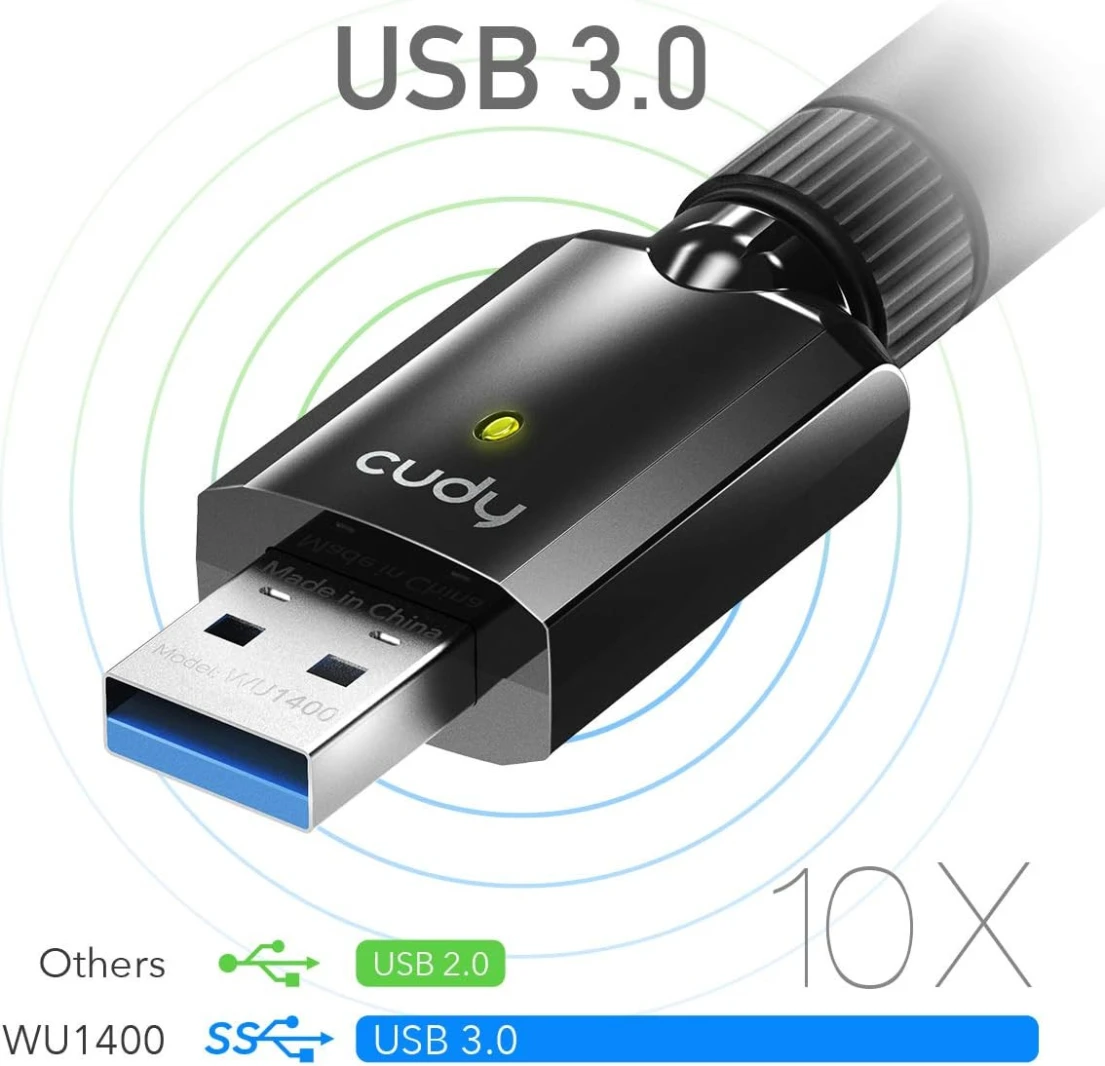 محول واي فاي مزدوج النطاق USB 3.0 من Cudy WU1400 AC بسرعة 1300 ميجابت في الثانية للكمبيوتر الشخصي، دونجل لاسلكي USB بسرعة 400 ميجابت في الثانية + 867 ميجابت في الثانية، 5 جيجاهرتز + 2.4 جيجاهرتز، هوائي عالي الكسب 5 ديسيبل، متوافق مع أنظمة التشغيل Windows 7/8 / 8.1/10، Mac OS، Linux،