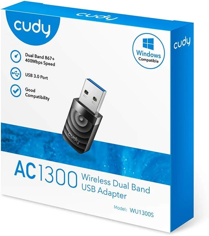 محول Cudy WU1300S AC 1300Mbps WiFi USB 3.0 للكمبيوتر الشخصي، 400Mbps + 867Mbps USB WiFi Dongle، 5Ghz /2.4Ghz، USB 3.0 لسرعة أعلى، متوافق مع Windows Vista /7/8/8.1/10، Mac OS، Linux