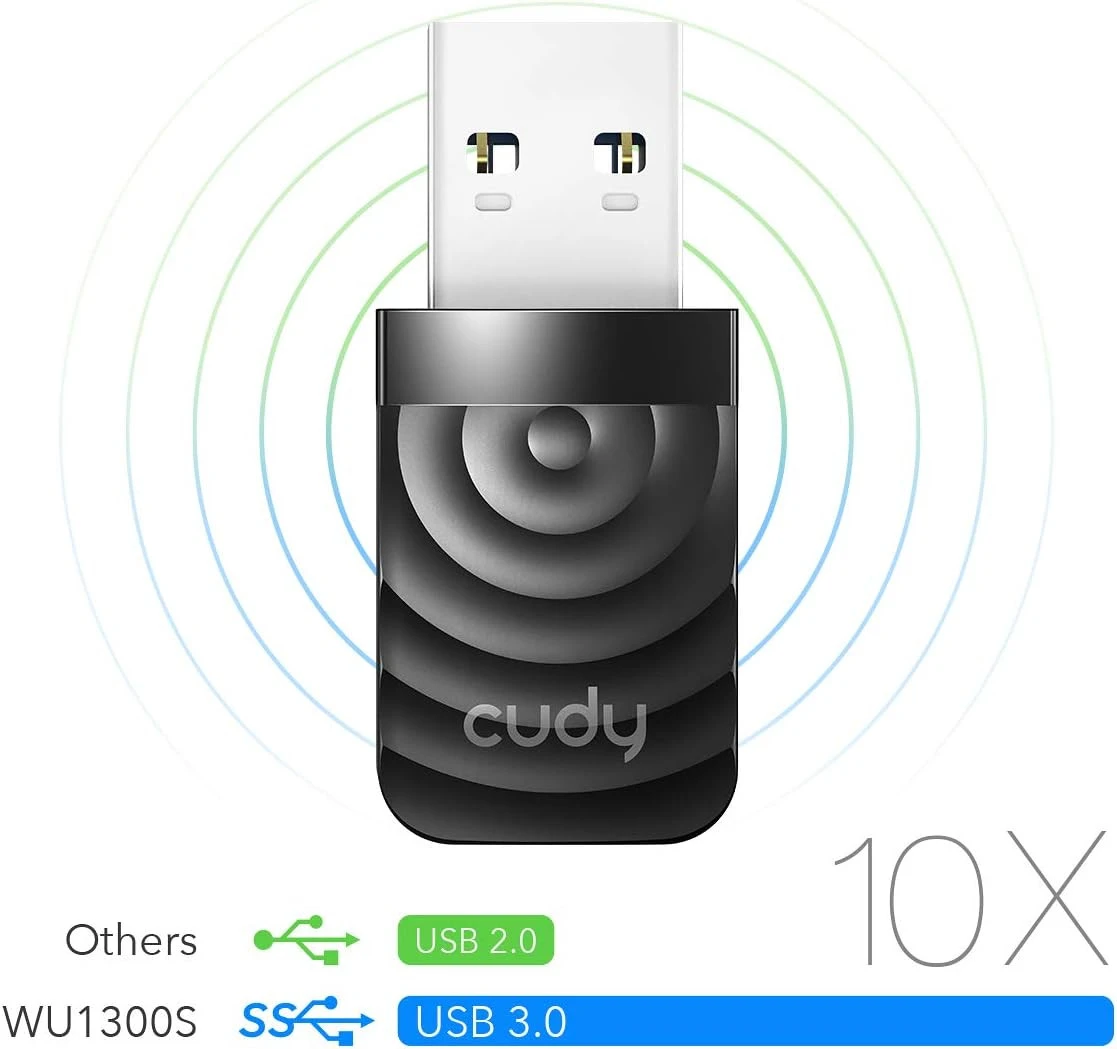 محول Cudy WU1300S AC 1300Mbps WiFi USB 3.0 للكمبيوتر الشخصي، 400Mbps + 867Mbps USB WiFi Dongle، 5Ghz /2.4Ghz، USB 3.0 لسرعة أعلى، متوافق مع Windows Vista /7/8/8.1/10، Mac OS، Linux