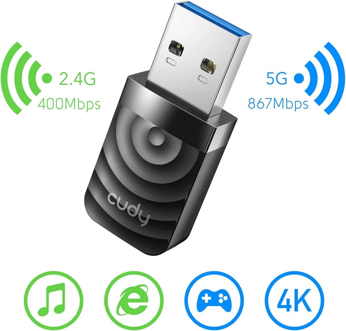 محول Cudy WU1300S AC 1300Mbps WiFi USB 3.0 للكمبيوتر الشخصي، 400Mbps + 867Mbps USB WiFi Dongle، 5Ghz /2.4Ghz، USB 3.0 لسرعة أعلى، متوافق مع Windows Vista /7/8/8.1/10، Mac OS، Linux