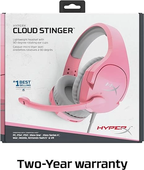 سماعة رأس HyperX Cloud Stinger للألعاب، إسفنج ميموري، جلد صناعي ناعم، شرائح فولاذية متينة، ميكروفون دوار لإلغاء الضوضاء، يعمل على الكمبيوتر الشخصي، PS4، PS5، Xbox والهاتف المحمول - وردي