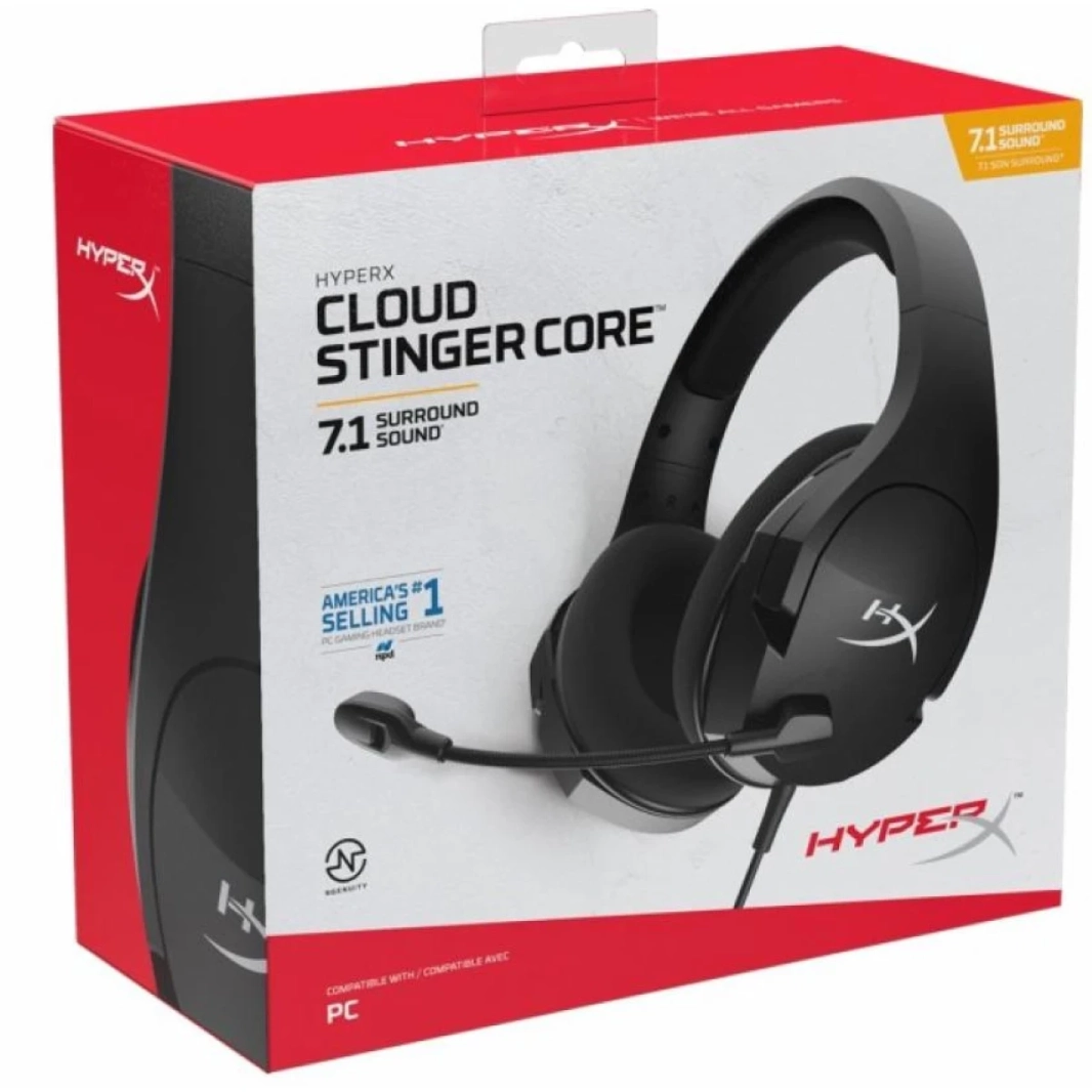 سماعة الرأس HyperX Cloud Stinger Core للألعاب 7.1 Surround صوت محيطي افتراضي 7.1 عبر HyperX NGENUITY، خفيفة الوزن ومريحة، صوت غامر في اللعبة، منزلقات فولاذية متينة وقابلة للتعديل، مريحة في الاستخدام