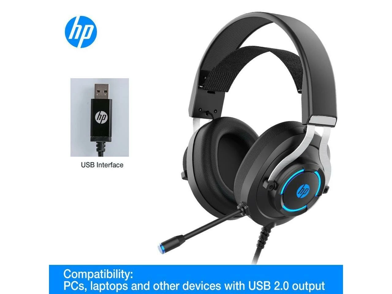 سماعة رأس للألعاب HP H360G 7.1 Virtual Surround USB2.0 مع ميكروفون وإضاءة LED ومكبر صوت 50 مم لطيف على البشرة