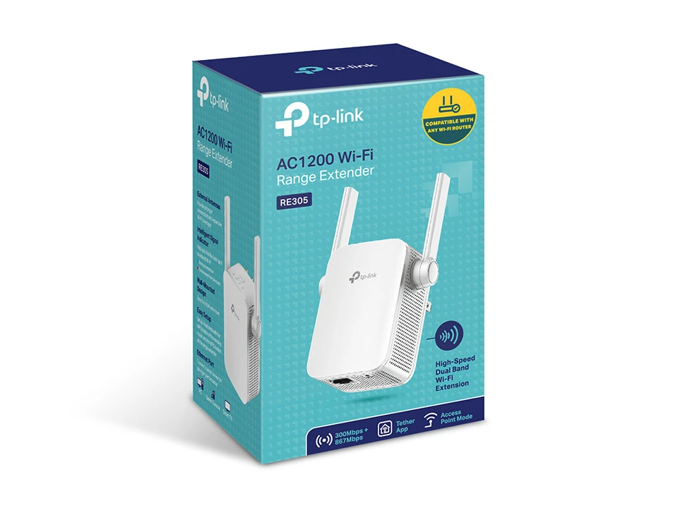 موسع نطاق واي فاي TP-Link AC1200 RE305، حتى 1200 ميجابت في الثانية، موسع واي فاي ثنائي النطاق، مكرر، معزز إشارة واي فاي، نقطة وصول - أبيض