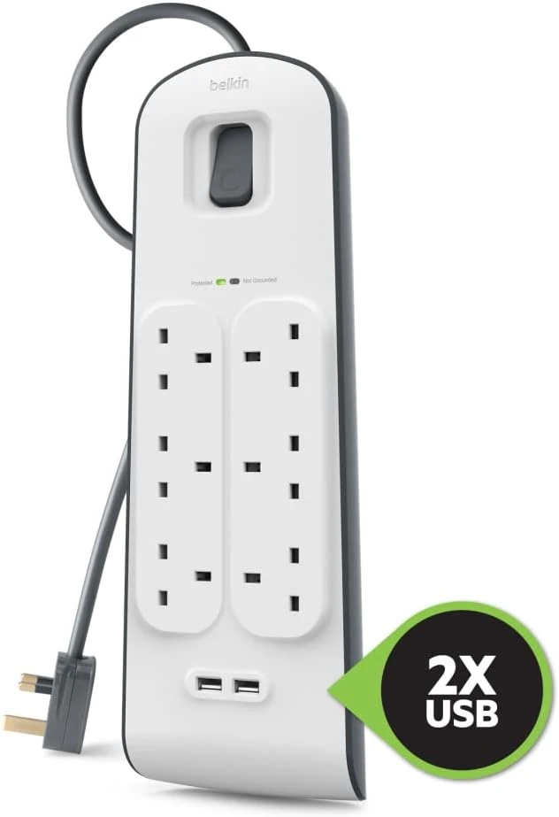 شريط حماية من زيادة التيار الكهربائي من Belkin بستة منافذ مع شحن 2.4 أمبير 2xUSB، سلك طاقة بطول 2 متر