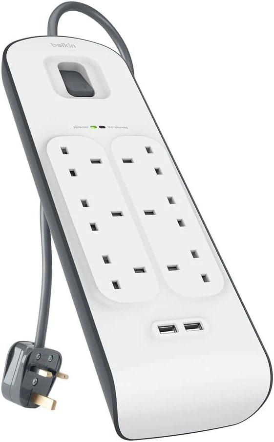 شريط حماية من زيادة التيار الكهربائي من Belkin بستة منافذ مع شحن 2.4 أمبير 2xUSB، سلك طاقة بطول 2 متر