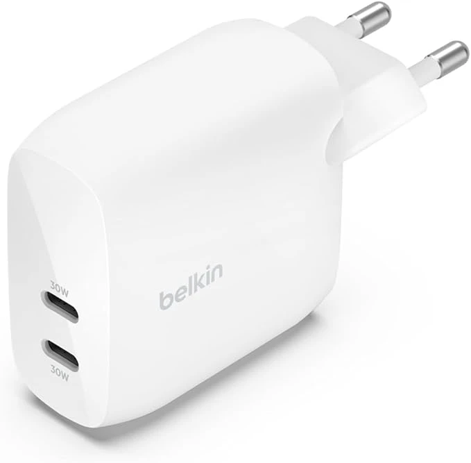 شاحن حائط Belkin BoostCharge Dual USB-C PD بقوة 30 وات 60 وات