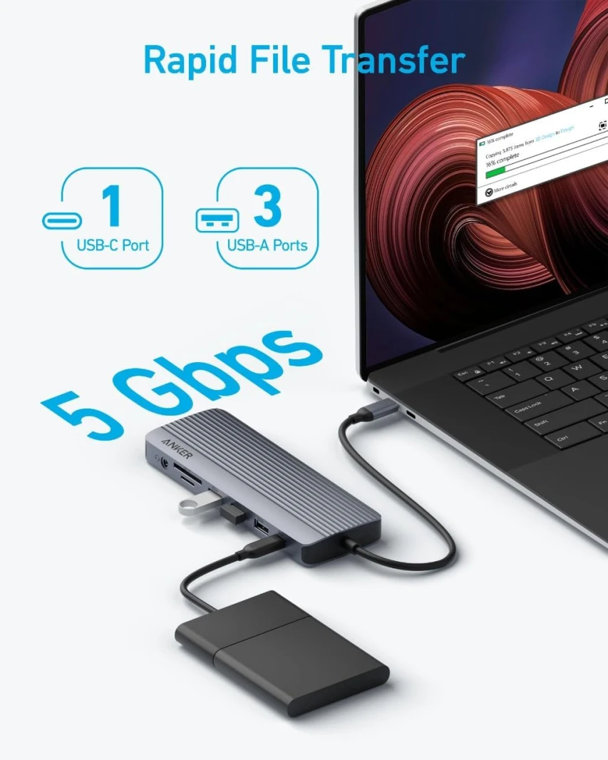 موزع USB-C من Anker 552 (9 في 1، 4K HDMI) - أسود