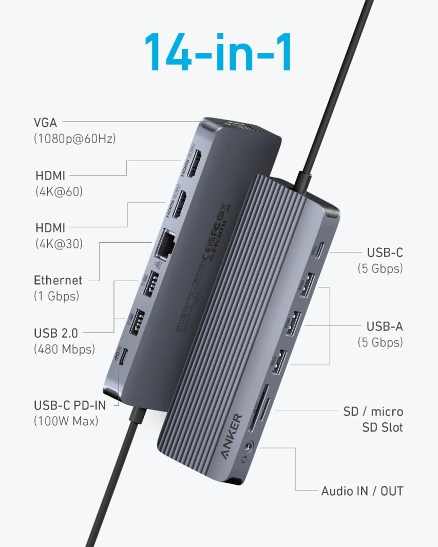 موزع USB-C من Anker 552 (9 في 1، 4K HDMI) - أسود