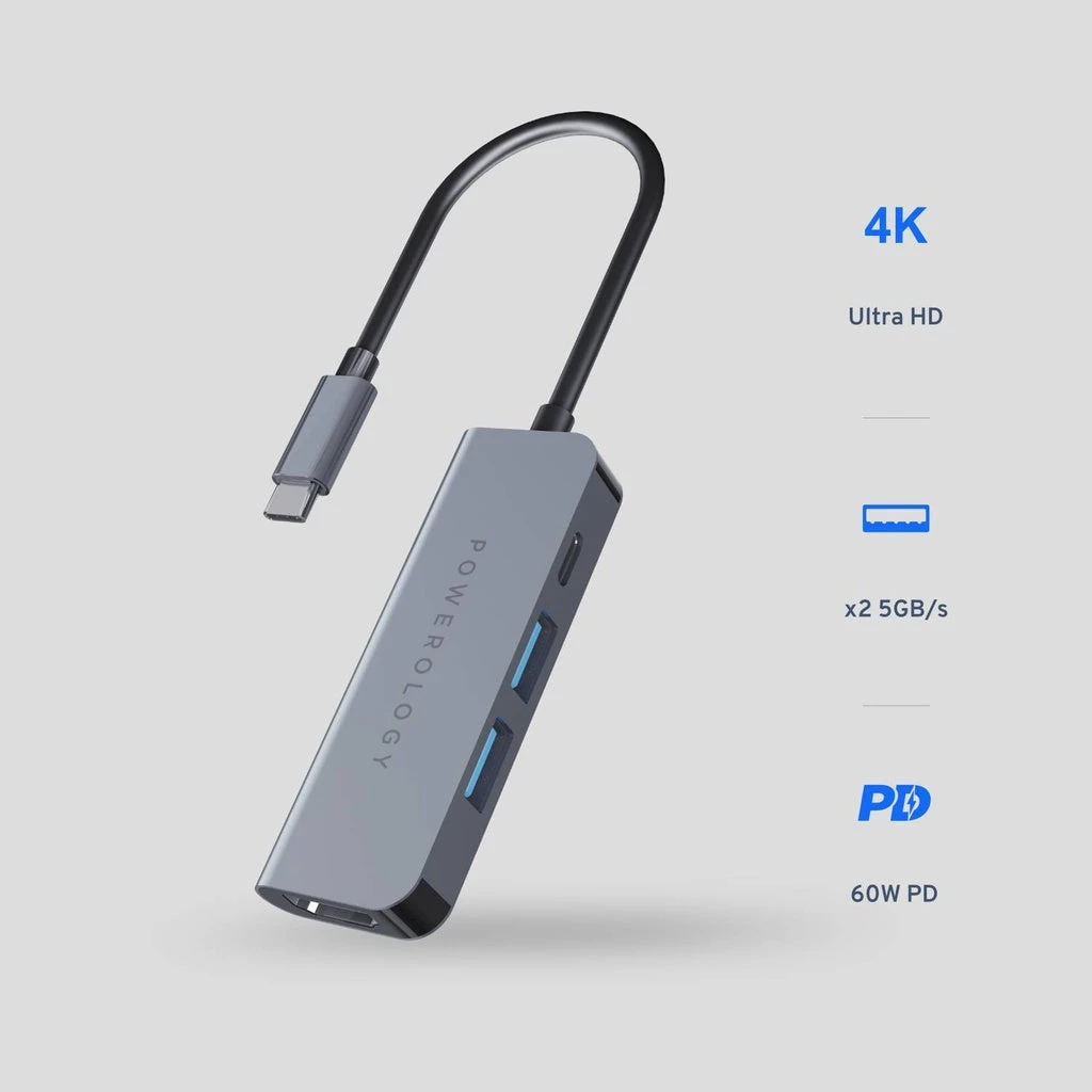 موزع USB-C 4 في 1 من Powerology مع HDMI وUSB 3.0 - رمادي