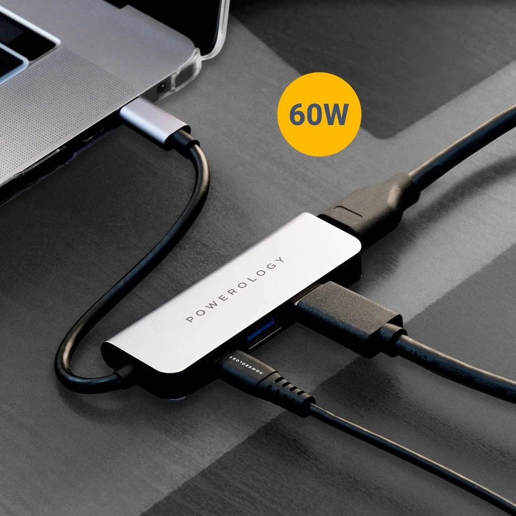 موزع USB-C 4 في 1 من Powerology مع HDMI وUSB 3.0 - رمادي