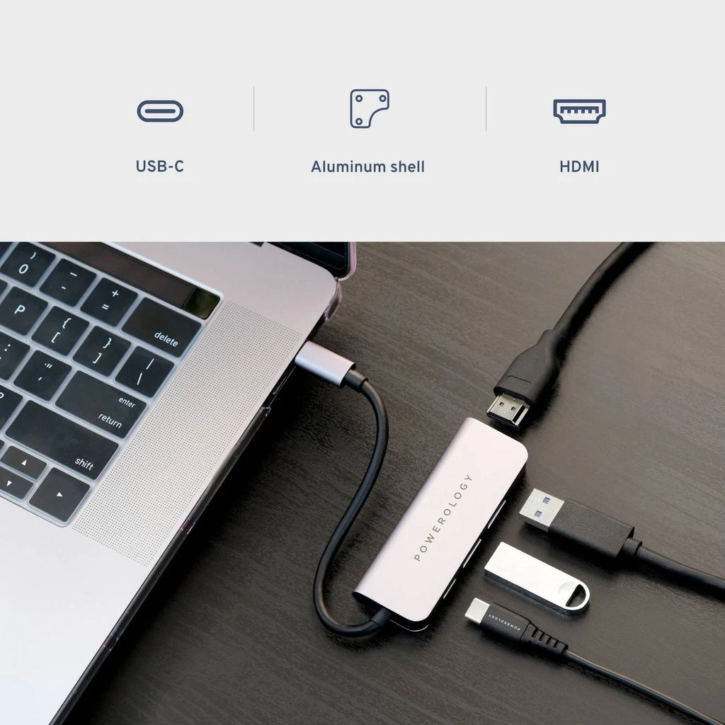 موزع USB-C 4 في 1 من Powerology مع HDMI وUSB 3.0 - رمادي