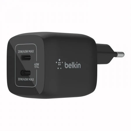 كابل Belkin 45W Dual USB-C PD GaN مع PPS باللون الأسود