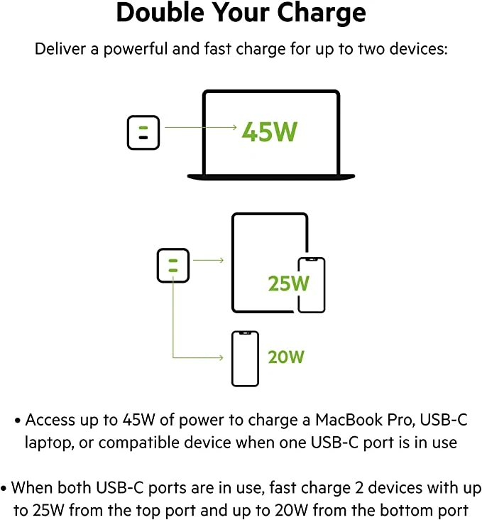 كابل Belkin 45W Dual USB-C PD GaN مع PPS باللون الأسود